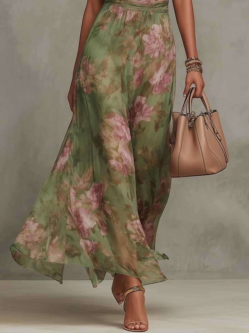 Zaira - Vestido largo verde con estampado floral para mujer
