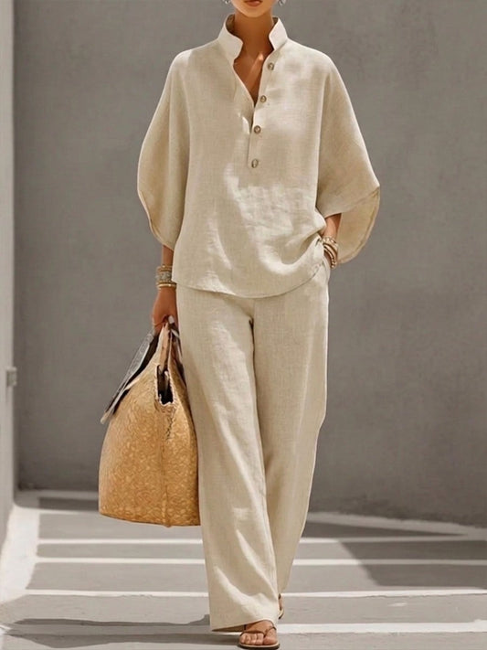 Mariel | Conjunto de Algodón y Lino con Mangas Murciélago y Pantalón Ancho