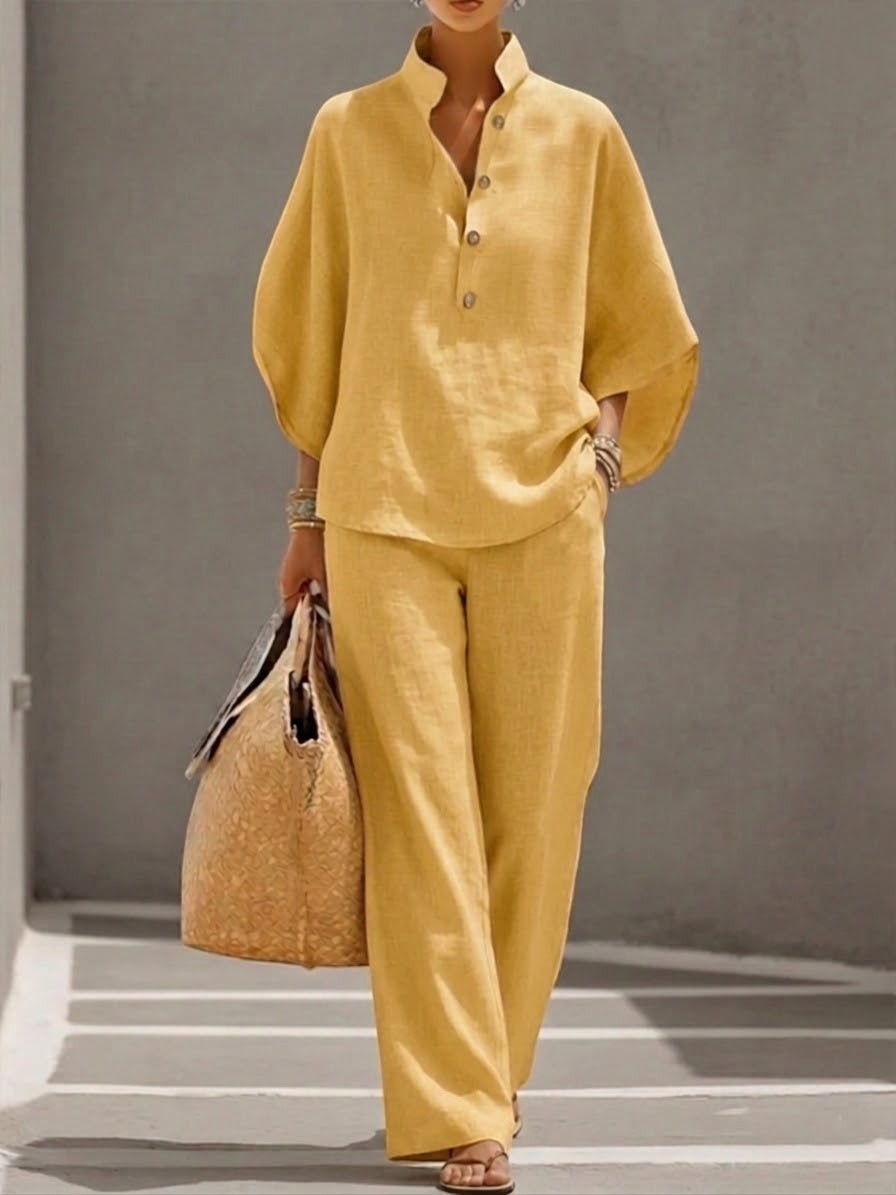 Mariel | Conjunto de Algodón y Lino con Mangas Murciélago y Pantalón Ancho