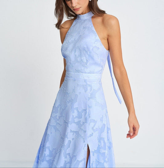 Irune - Vestido largo azul elegante con cuello alto