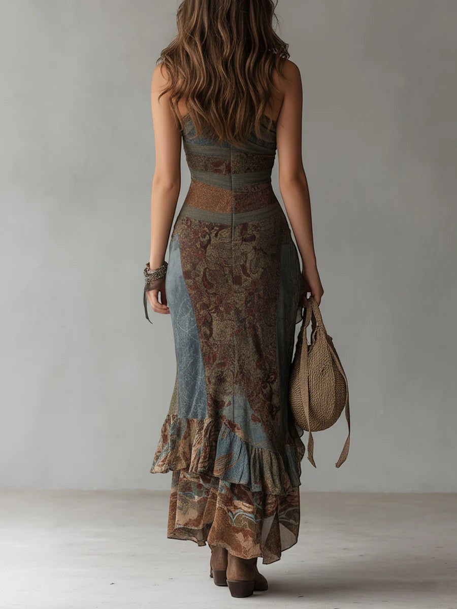 Ainara - Vestido largo maxi de un solo hombro con estampado étnico y abertura alta