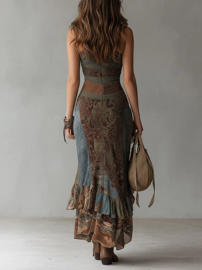 Ainara - Vestido largo maxi de un solo hombro con estampado étnico y abertura alta