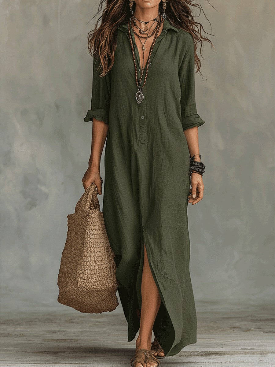 Emilia - Vestido maxi bohemio tipo camisa negro con botones delanteros