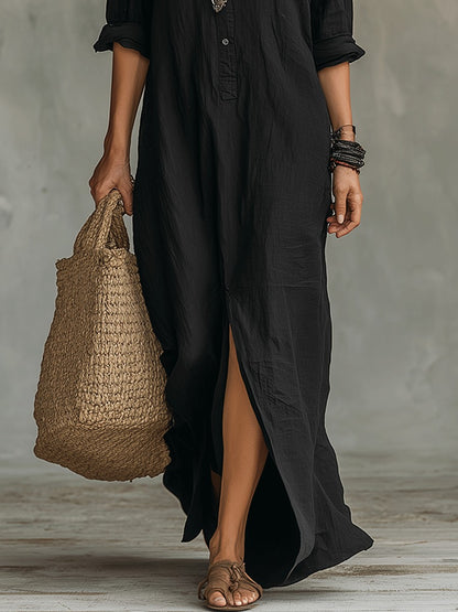 Emilia - Vestido maxi bohemio tipo camisa negro con botones delanteros
