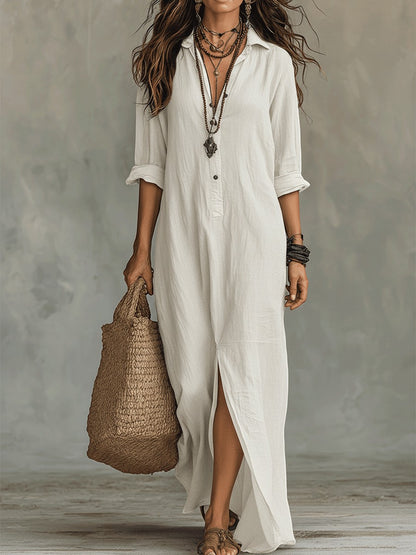 Emilia - Vestido maxi bohemio tipo camisa negro con botones delanteros