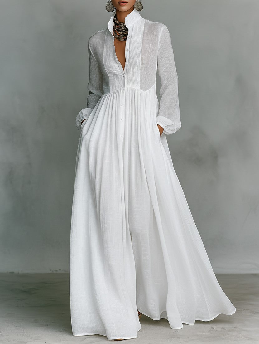 Ona - Vestido largo minimalista con patchwork, cuello alto y mangas largas.