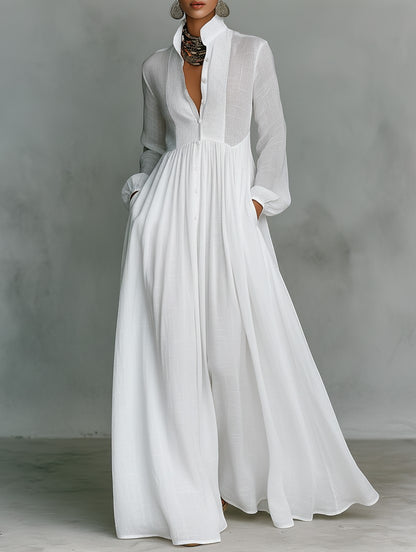Ona - Vestido largo minimalista con patchwork, cuello alto y mangas largas.