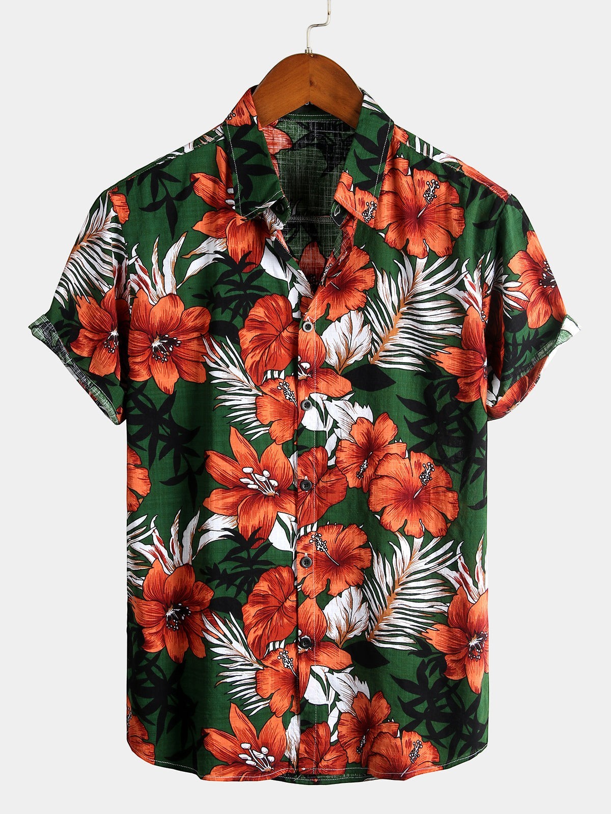 Camisa Tropical Hawaiana Verde de Algodón y Estampado Floral