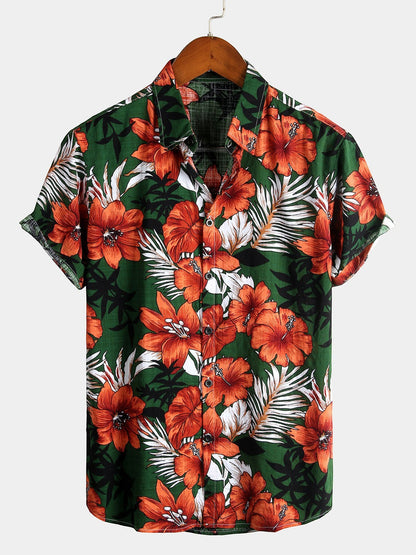 Camisa Tropical Hawaiana Verde de Algodón y Estampado Floral