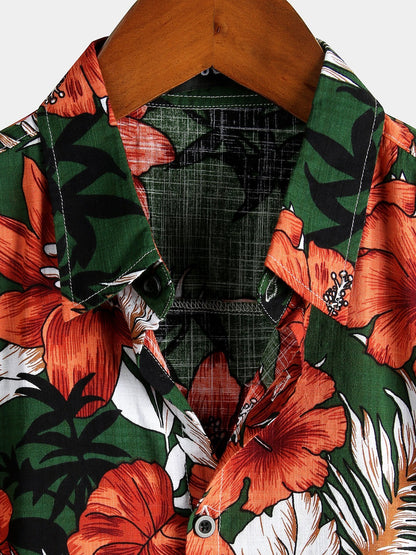 Camisa Tropical Hawaiana Verde de Algodón y Estampado Floral