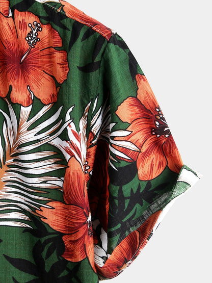Camisa Tropical Hawaiana Verde de Algodón y Estampado Floral