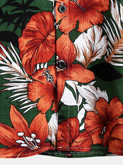 Camisa Tropical Hawaiana Verde de Algodón y Estampado Floral