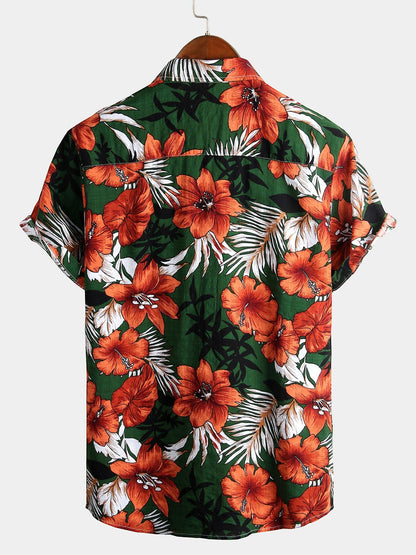 Camisa Tropical Hawaiana Verde de Algodón y Estampado Floral