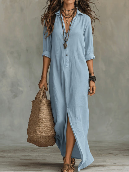Emilia - Vestido maxi bohemio tipo camisa negro con botones delanteros
