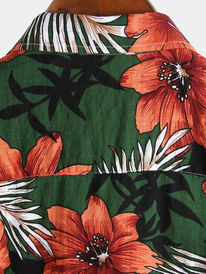 Camisa Tropical Hawaiana Verde de Algodón y Estampado Floral