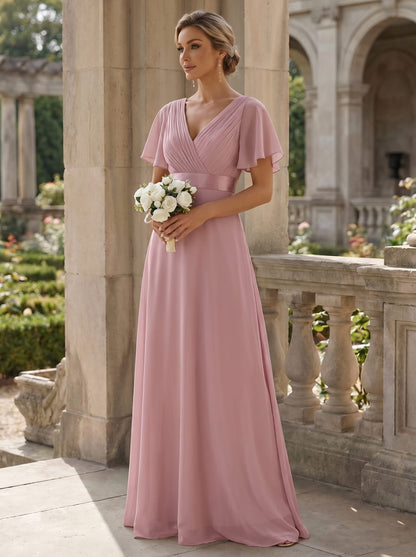 Monica™ | Vestido Largo de Chifón con Escote en V y Mangas de Volantes