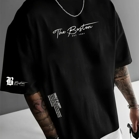 Dario -  Camiseta de hombre, estampado con la letra "Boston", fresca y cómoda.