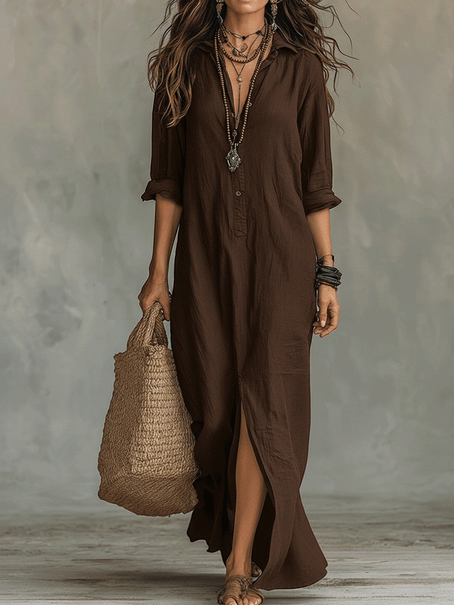 Emilia - Vestido maxi bohemio tipo camisa negro con botones delanteros
