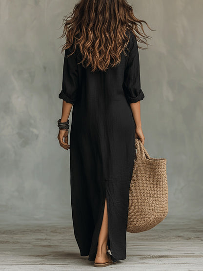 Emilia - Vestido maxi bohemio tipo camisa negro con botones delanteros