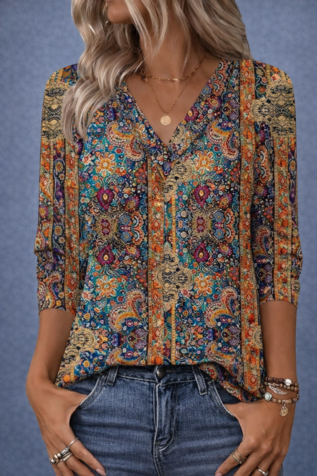 Blusa Retro Impresa con Cuello en V