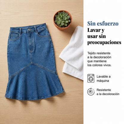 Ivessia | Falda Vaquera Midi de Talle Alto con Corte Sirena
