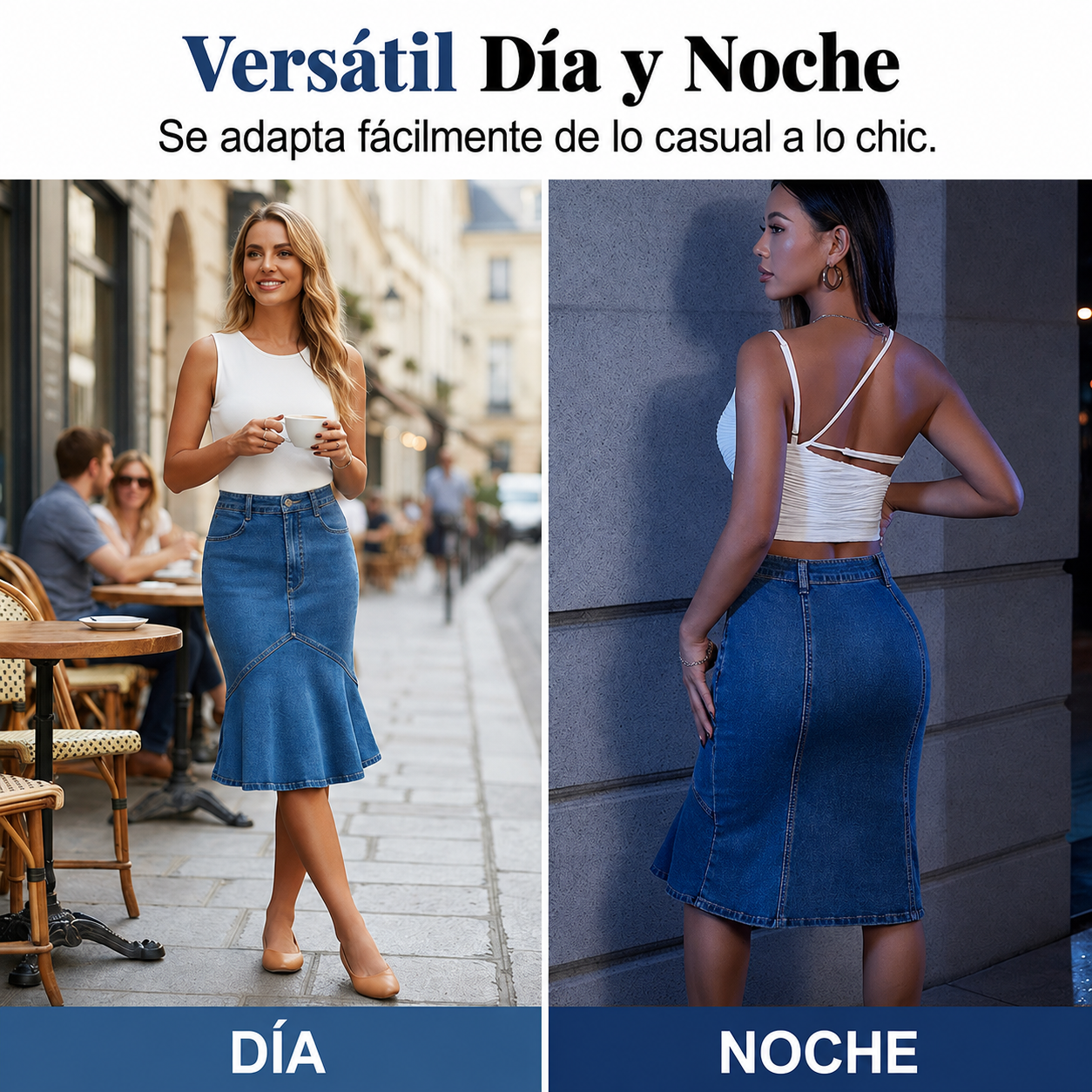 Ivessia | Falda Vaquera Midi de Talle Alto con Corte Sirena