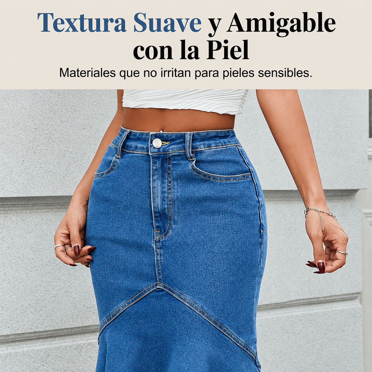 Ivessia | Falda Vaquera Midi de Talle Alto con Corte Sirena