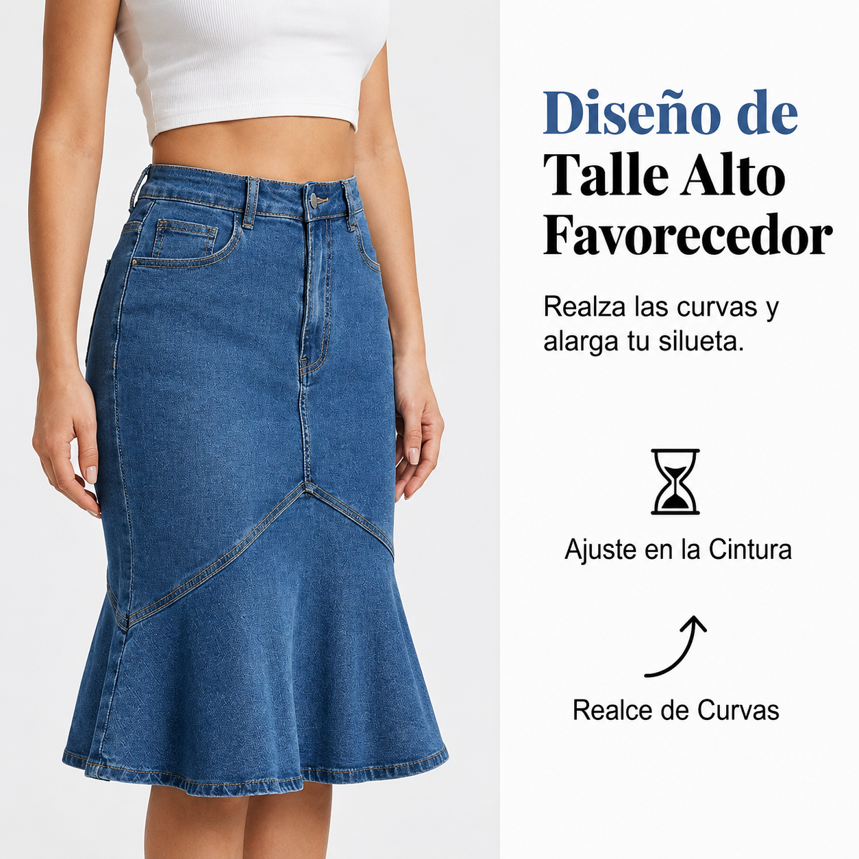 Ivessia | Falda Vaquera Midi de Talle Alto con Corte Sirena