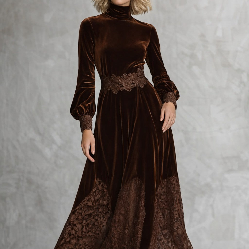 Vestidos maxi de terciopelo con cuello alto y mangas abullonadas de encaje patchwork