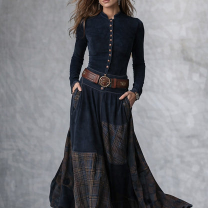 Vestido largo vintage de ante a cuadros azul marino