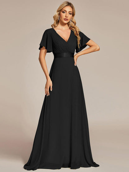 Monica™ | Vestido Largo de Chifón con Escote en V y Mangas de Volantes