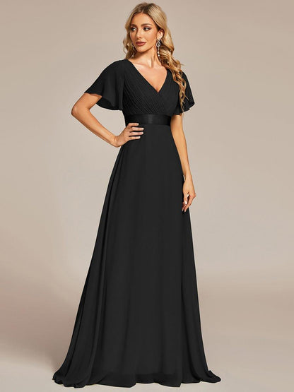 Monica™ | Vestido Largo de Chifón con Escote en V y Mangas de Volantes