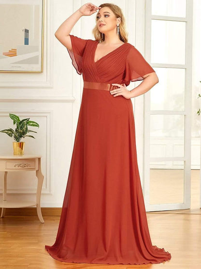 Monica™ | Vestido Largo de Chifón con Escote en V y Mangas de Volantes