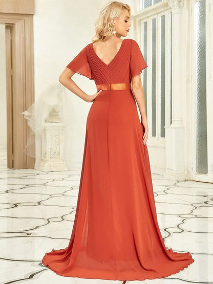 Monica™ | Vestido Largo de Chifón con Escote en V y Mangas de Volantes