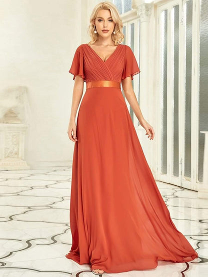 Monica™ | Vestido Largo de Chifón con Escote en V y Mangas de Volantes