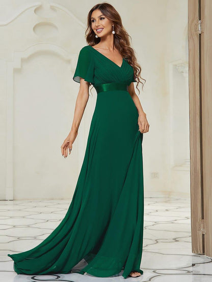 Monica™ | Vestido Largo de Chifón con Escote en V y Mangas de Volantes