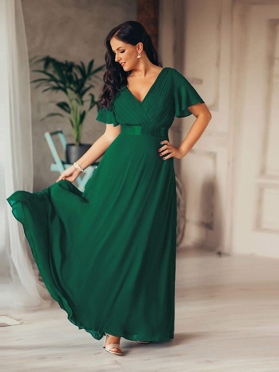 Monica™ | Vestido Largo de Chifón con Escote en V y Mangas de Volantes