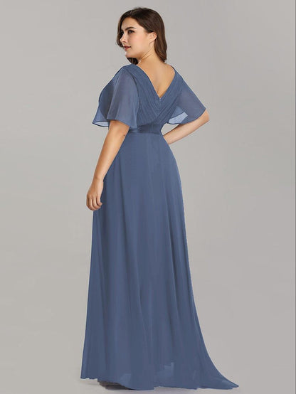 Monica™ | Vestido Largo de Chifón con Escote en V y Mangas de Volantes