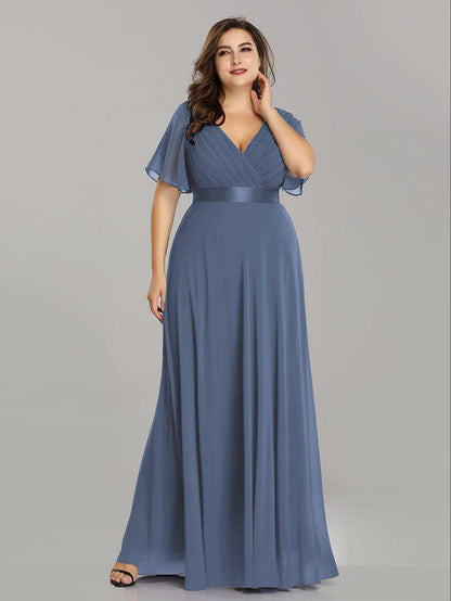 Monica™ | Vestido Largo de Chifón con Escote en V y Mangas de Volantes