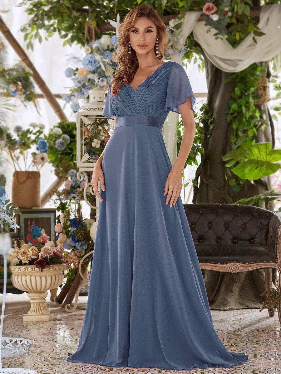 Monica™ | Vestido Largo de Chifón con Escote en V y Mangas de Volantes