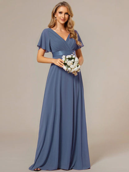 Monica™ | Vestido Largo de Chifón con Escote en V y Mangas de Volantes