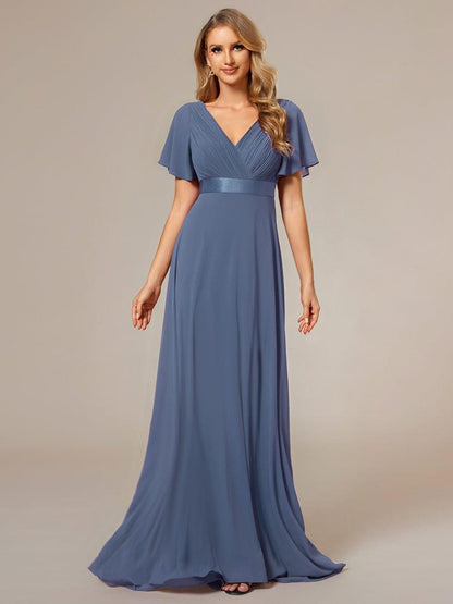 Monica™ | Vestido Largo de Chifón con Escote en V y Mangas de Volantes
