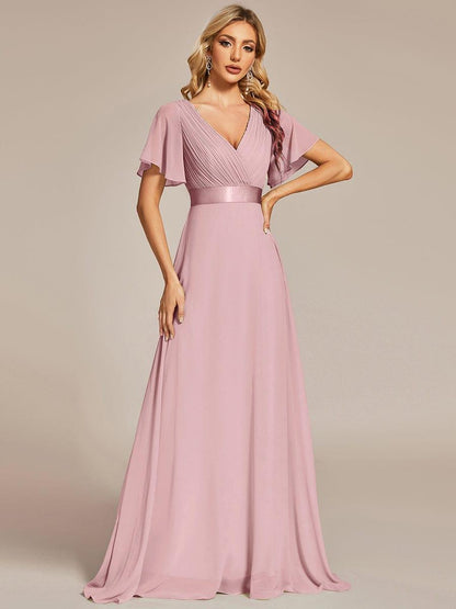 Monica™ | Vestido Largo de Chifón con Escote en V y Mangas de Volantes