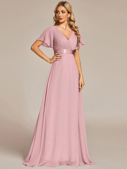 Monica™ | Vestido Largo de Chifón con Escote en V y Mangas de Volantes
