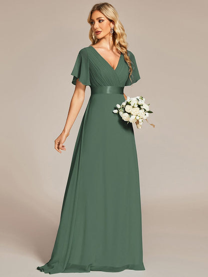 Monica™ | Vestido Largo de Chifón con Escote en V y Mangas de Volantes