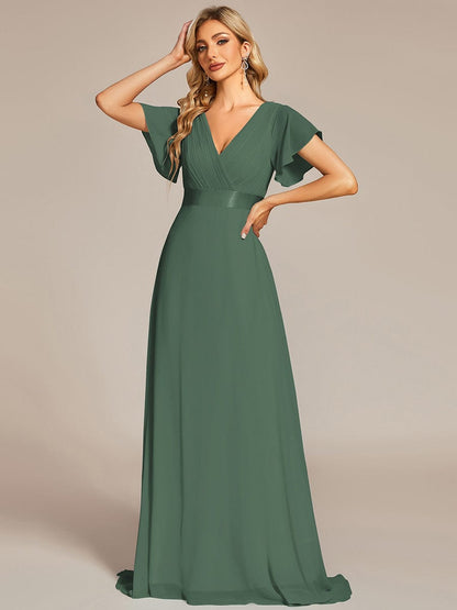 Monica™ | Vestido Largo de Chifón con Escote en V y Mangas de Volantes