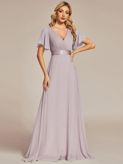 Monica™ | Vestido Largo de Chifón con Escote en V y Mangas de Volantes
