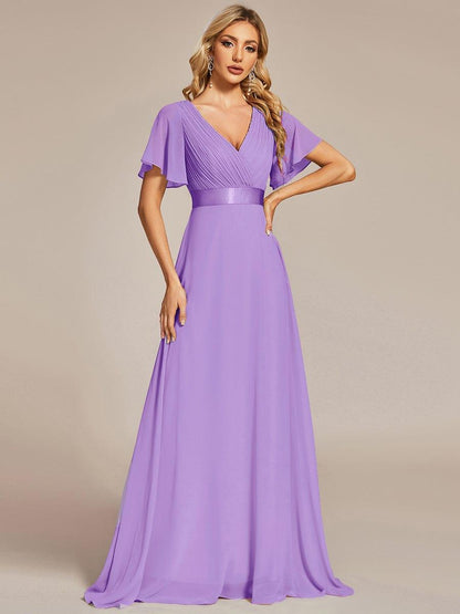 Monica™ | Vestido Largo de Chifón con Escote en V y Mangas de Volantes