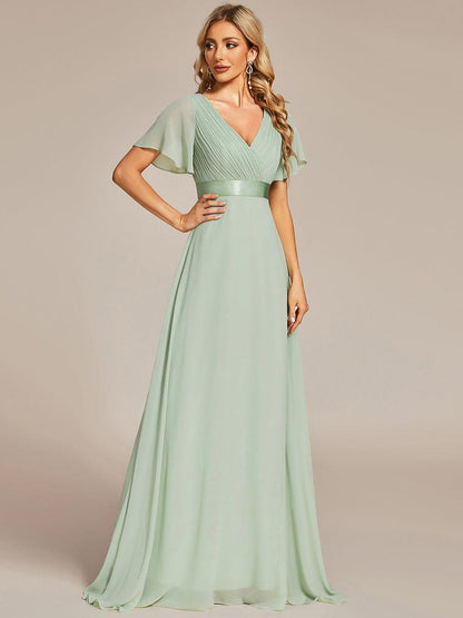 Monica™ | Vestido Largo de Chifón con Escote en V y Mangas de Volantes
