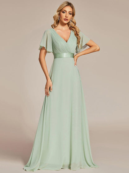 Monica™ | Vestido Largo de Chifón con Escote en V y Mangas de Volantes
